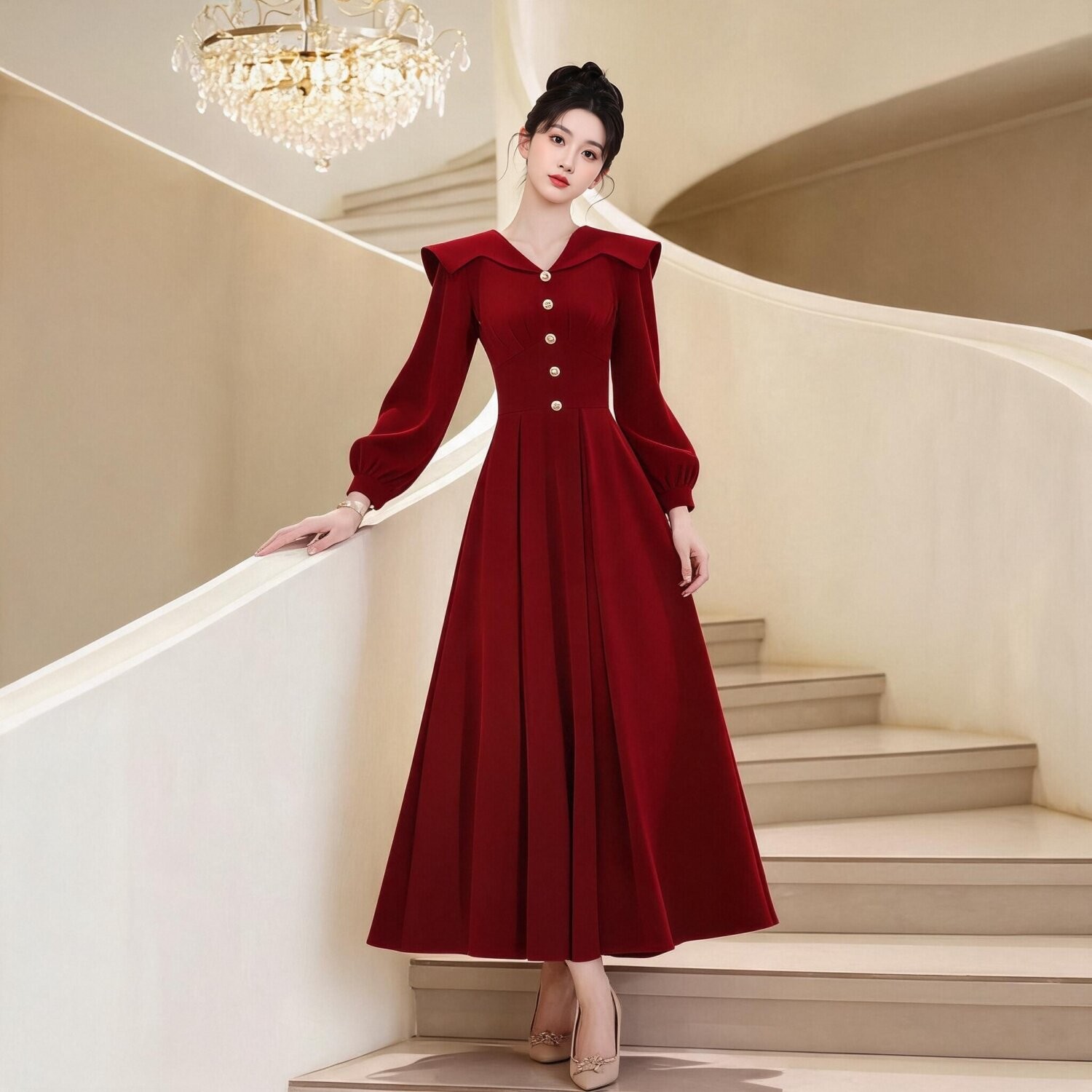 高级长袖连衣裙收腰大摆显瘦新娘敬酒日常长款气质礼服连衣裙女