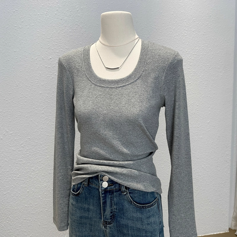 大U领正肩长袖T恤修身显瘦打底衫