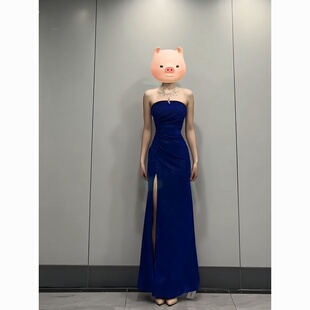 宴会穿搭蓝色闪闪高级生日晚礼服性感开叉抹胸连衣裙露背美感礼服