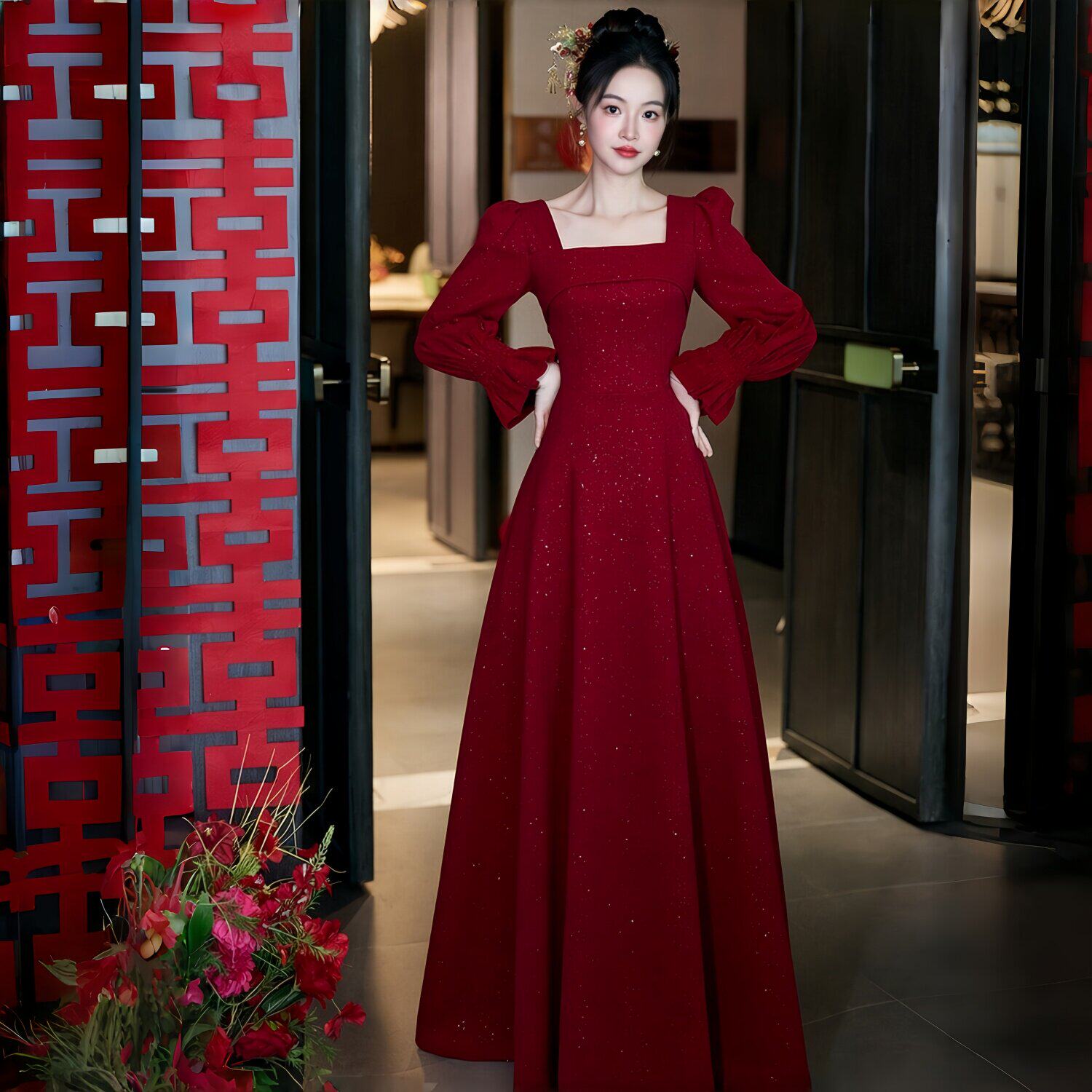 法式红色长袖A字礼服裙女敬酒服新娘结婚订婚宴会小个子婚礼服裙