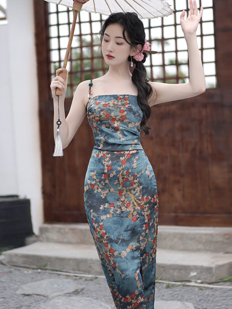 国风印花吊带连衣裙韵味显瘦改良旗袍裙法式气质高腰开叉中长款裙