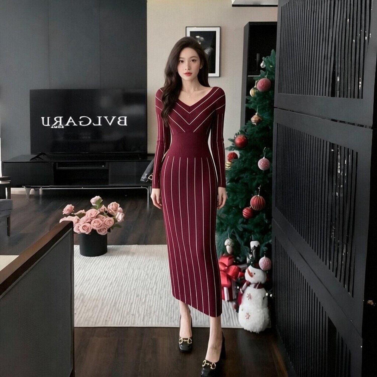 性感包臀中长裙高级感约会聚会礼服连衣裙性感露肩撞色条纹针织裙