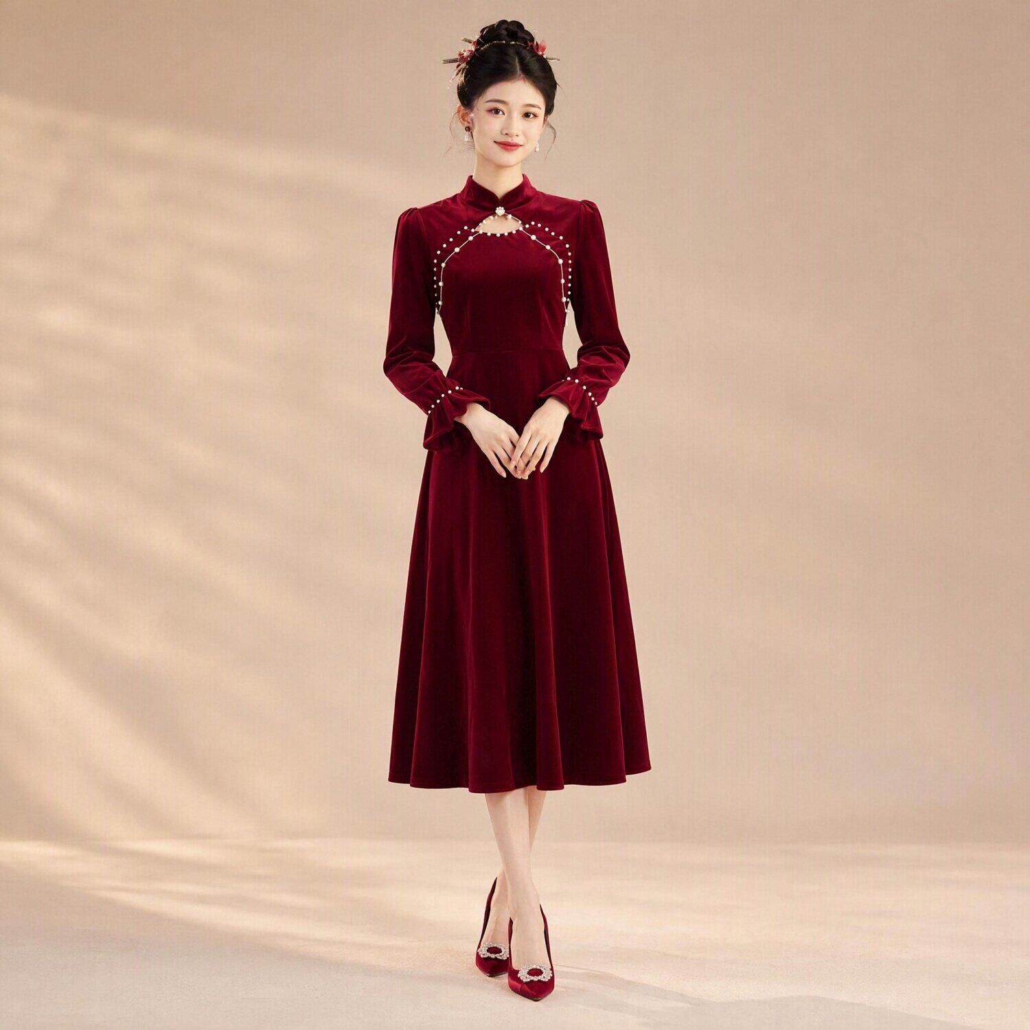 新中式立领敬酒服长袖钉珠收腰A字中长裙结婚宴会气质礼服裙子女