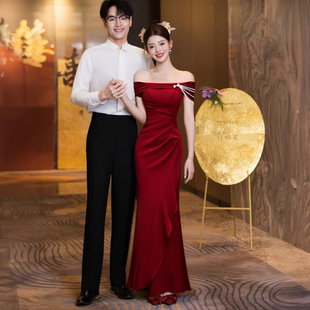 一字肩敬酒服新款 回门服鱼尾裙 新娘订婚礼服日常可穿婚礼晨袍便装