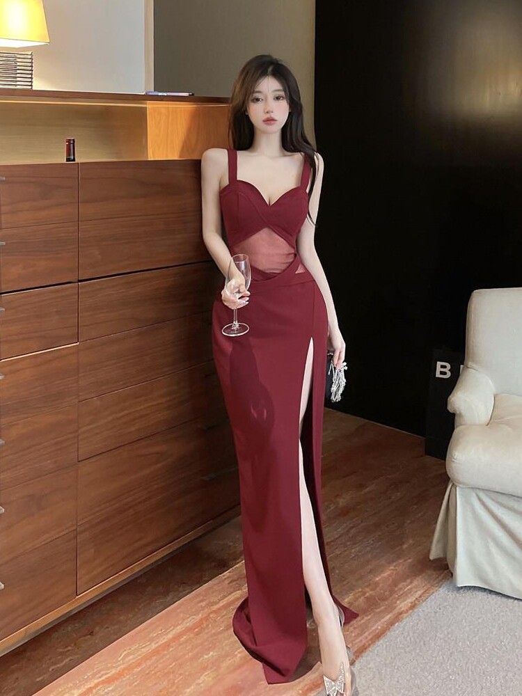 性感无袖包臀裙长款拼接