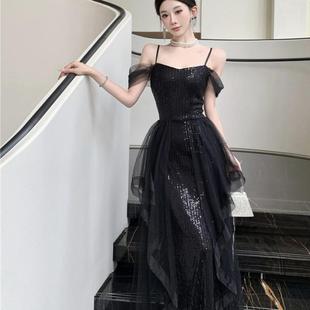 抹胸晚禮服女士黑色拼接亮片魚尾紗裙高級(jí)感主持宴會(huì)結(jié)婚藝考生日