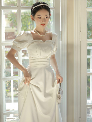 优雅方领短袖A字裙中长裙