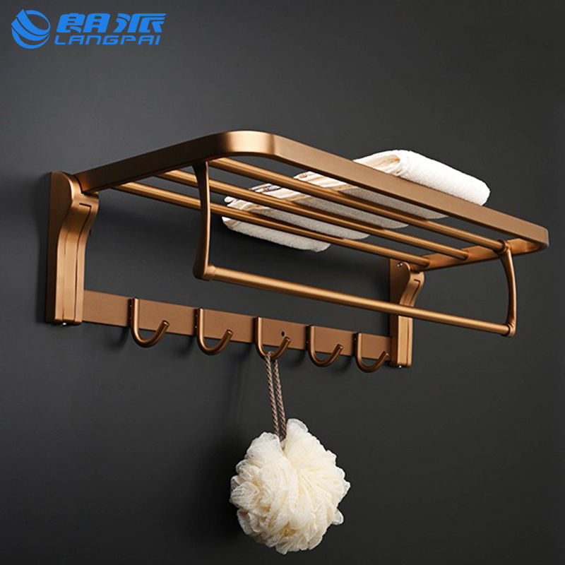 朗派不锈钢卫生间毛巾架拉丝玫瑰金色可折叠浴巾架轻奢浴室置物架