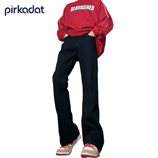 PIRKADAT美式复古高街弯刀微喇牛仔裤男黑色高街风阔腿加厚长裤