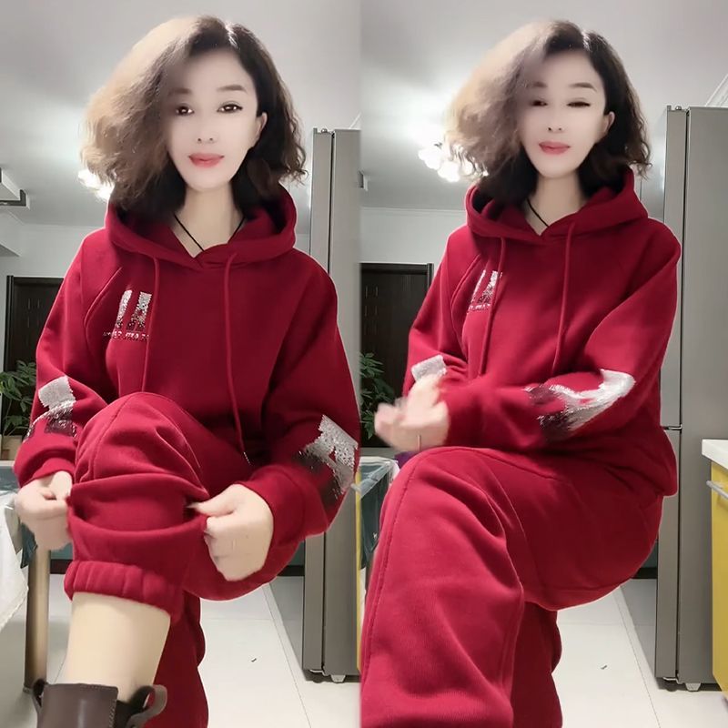 2025秋冬季新款时尚加绒卫衣套装女宽松显瘦时尚减龄气质两件套潮