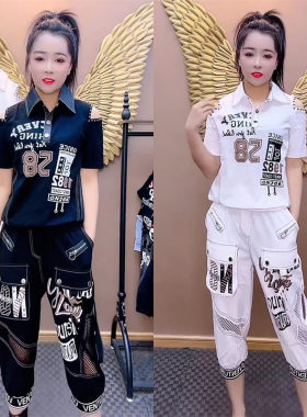 2026新款铆钉露肩半袖七分裤休闲套装女夏季宽松网红爆款两件套潮