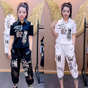 2023新款铆钉露肩半袖七分裤休闲套装女夏季宽松网红爆款两件套潮