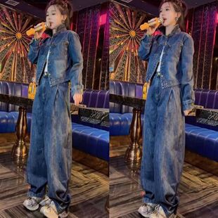 欧洲站牛仔套装女春秋款2026新款polo领短款夹克外套阔腿裤两件套