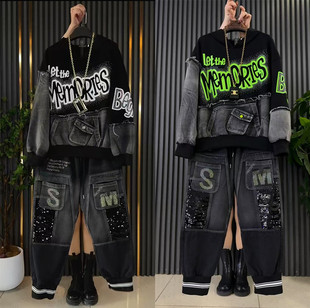 女装 春时尚 两件套亮片大码 哈伦裤 显瘦遮肉 重工牛仔字母连帽卫衣