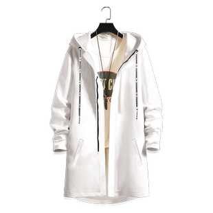 秋季白色风衣男士中长款连帽衫简约百搭纯色外套青少年开衫上衣服