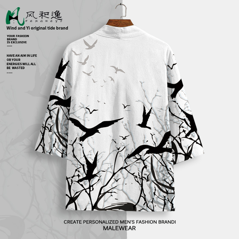 潮牌道袍男披风彼岸花图案休闲外套薄款汉服国潮薄款开衫上衣潮流