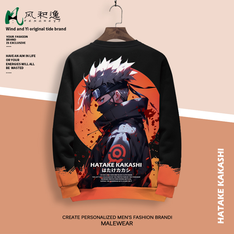 日系潮牌卫衣外套男火影忍者旗木卡卡西动漫周边大码圆领长袖T恤