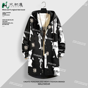 秋季猫咪印花外套男生连帽长款风衣宽松开衫休闲衣服卡通满印大衣