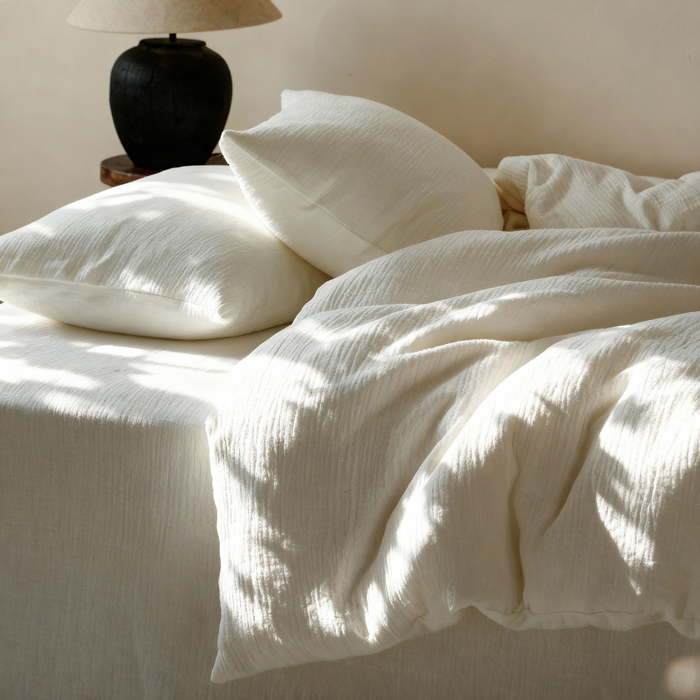 白色文艺~软糯亲肤棉麻双层纱四件套裸睡舒适主卧室四季床上用品