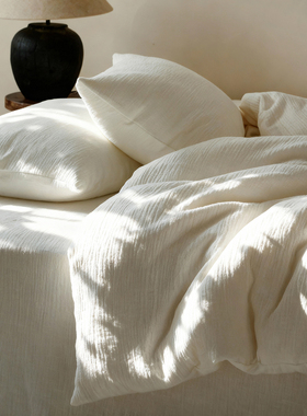 白色文艺~软糯亲肤棉麻双层纱四件套裸睡舒适主卧室四季床上用品