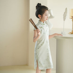 绿色女童旗袍夏季薄款清新中国风连衣裙小女孩走秀古筝演出服日常