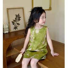 妈咪2025童装夏季新中式女童绿色旗袍背心裙儿童连衣裙复古国风