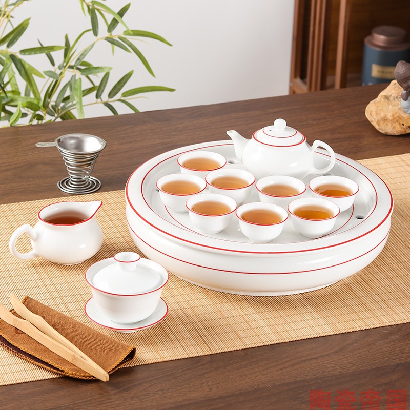 功夫茶具套装陶瓷茶盘盖碗公道杯茶杯清新喜庆描红线简约中式整套