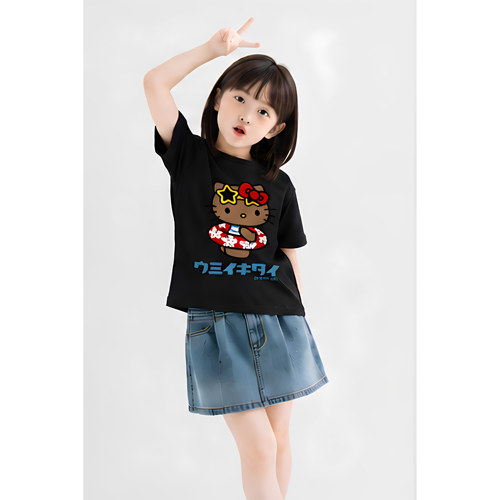 夏季女童冲绳黑皮kitty猫纯棉T恤