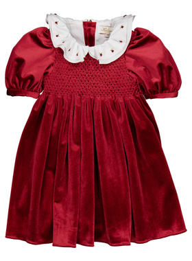 法国KIDIWI 女童宝宝秋冬天鹅绒酒红色新年圣诞打揽刺绣连衣裙子