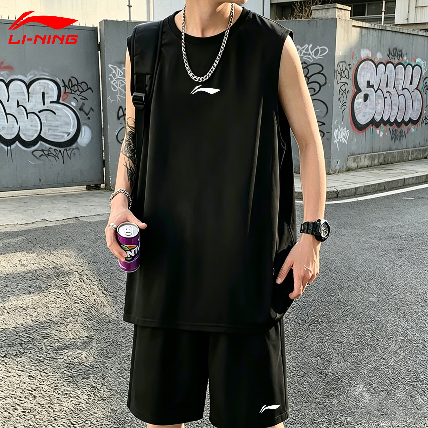 李宁运动套装男夏季薄款透气背心速干短裤宽松休闲户外跑步运动服