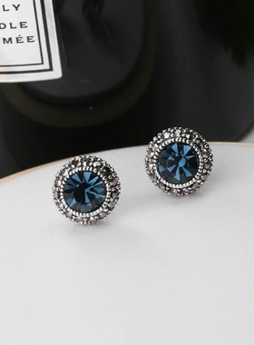 925纯银针耳钉 精致小巧复古典雅墨蓝色低调 镶钻小耳环耳饰品女