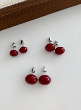 925银针车厘子色过年红色耳钉女新年耳环2024新款高级感气质耳饰