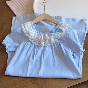纯棉公主裙~儿童睡裙女童家居服女孩睡衣中大童短袖家居服A类蕾丝