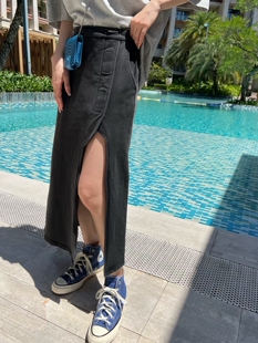 原创设计品牌YMQY不对称时尚半身裙女百搭侧开叉高腰中长裙子
