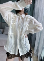 原创设计品牌YMQY宫廷风压褶蝴蝶结单排扣气质天丝翻领衬衫