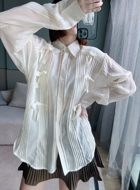 原创设计品牌YMQY宫廷风压褶蝴蝶结单排扣气质天丝翻领衬衫