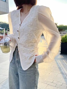 YMQY原创设计2023早春新款小众甜美立体花朵真丝袖拼接针织开衫女