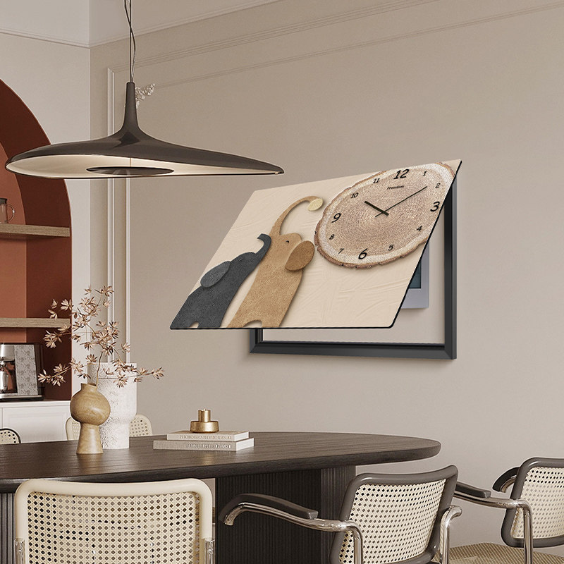 一家三口大象时钟饭厅客厅装饰画电表箱开关配电箱挂画遮挡画钟表