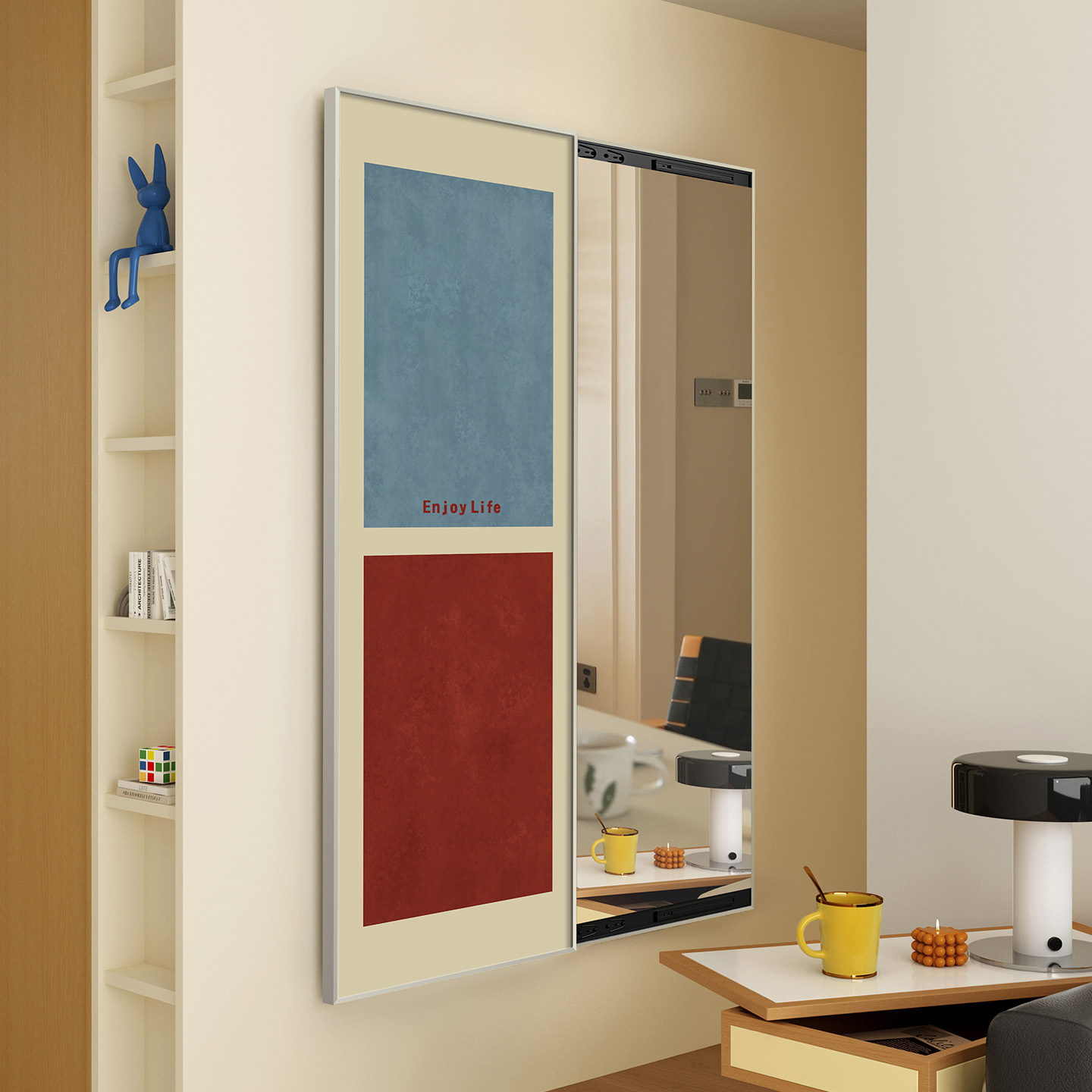 孟菲斯中古镜子可遮挡可关闭隐藏式推拉式暗藏式全身镜隐形穿衣镜