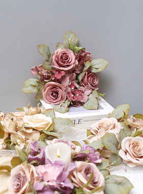 跨境仿真玫瑰绣球烛台花环桌面摆件感烛台花环家居婚礼装饰