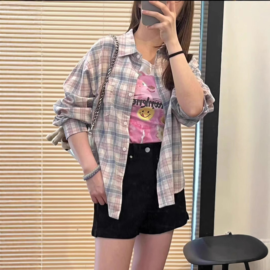 2025春夏新款韩版宽松格子衬衫女复古长袖防晒外套百搭小清新衬衣