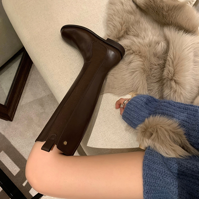 英伦风平底不过膝显瘦圆头长筒靴