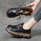 皮鞋 软底单鞋 女春秋季 乐福鞋 新款 真皮厚底女鞋 黑透气休闲增高鞋 子