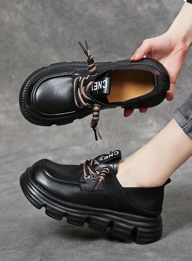 厚底乐福鞋2025新款春秋单鞋女学生真皮松糕软底增高小皮鞋大码41