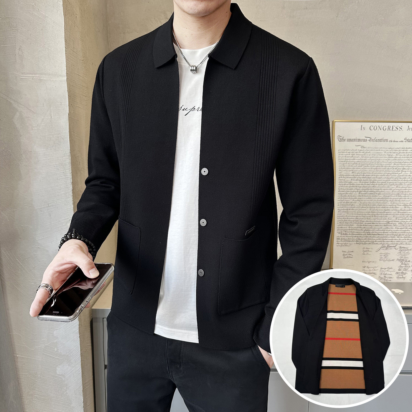 针织翻领天丝开衫春季韩版潮流毛衣百搭外套男士上衣K7737-P130，男装针织衫/毛衣，电商A239