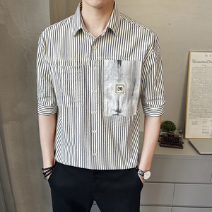 男士夏季天丝中袖衬衫休闲拼接撞色衬衣潮流上衣男装C1706-P65图片
