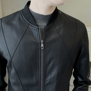 春季短款皮衣 棒球服外套 男韩版修身机车皮夹克 P719-P130图片