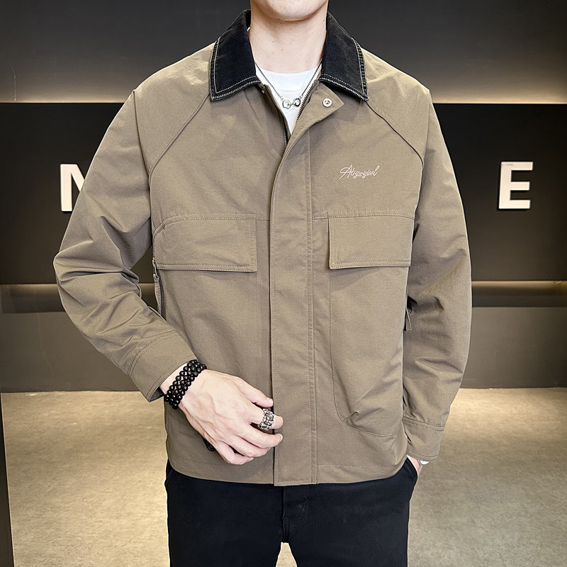 秋季翻领拼牛仔夹克男休闲百搭外套时尚潮流上衣JK9110-P120,男装工装外套,电商A239