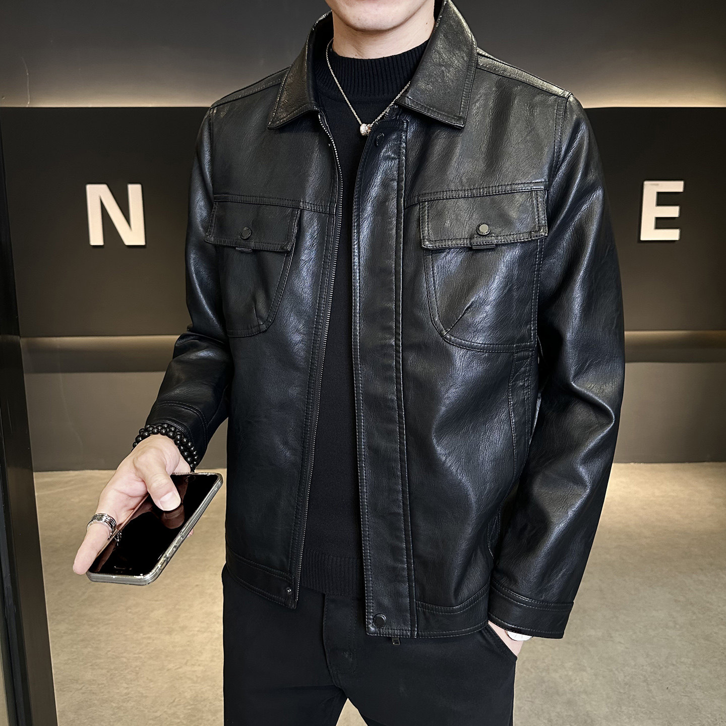 秋季短款皮衣 翻领外套 男韩版修身机车皮夹克P8639-P160图片