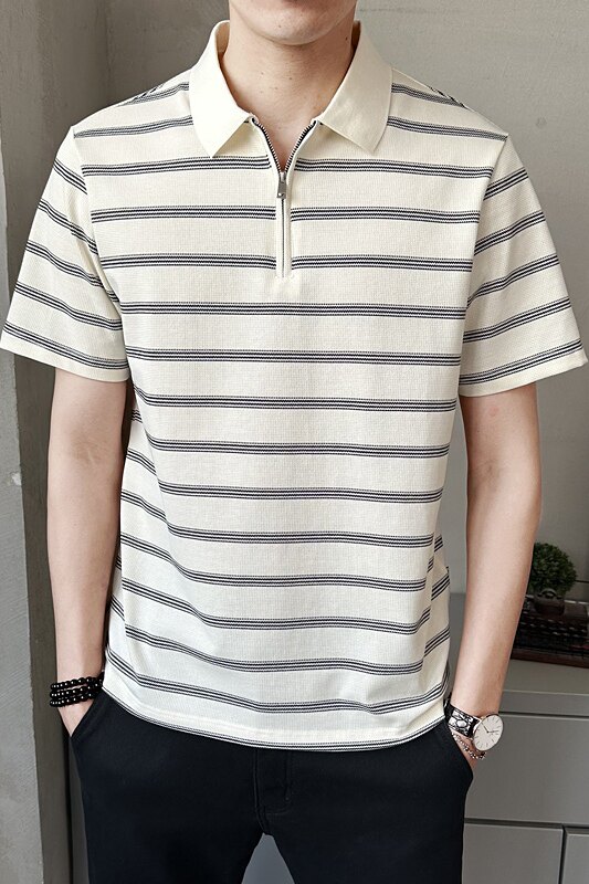 半拉链条纹polo衫短袖T夏季潮流半袖体恤男士有领上衣PL88559-P68,男装Polo衫,电商A239